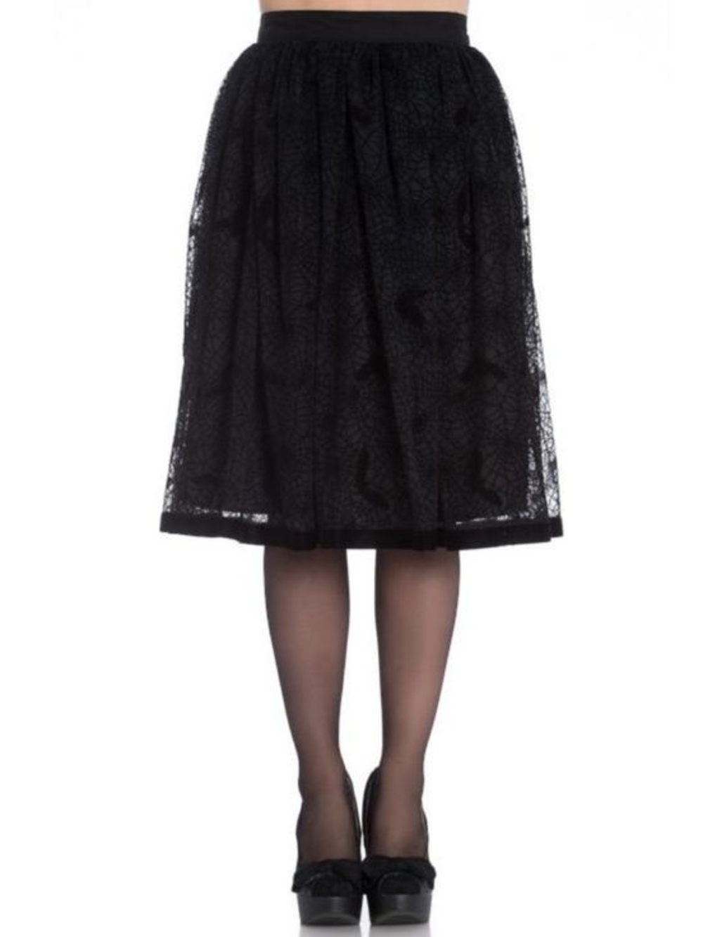 Hell Bunny "Amarande" Black Flocked Midi Skirt - Elegant Women's Skirt
